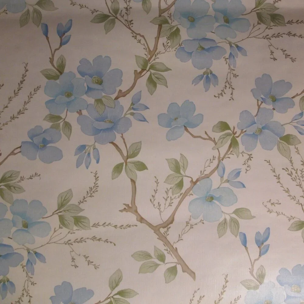 1970s Vintage Blue Flower Motif Wallpaper - Picture 2 of 7